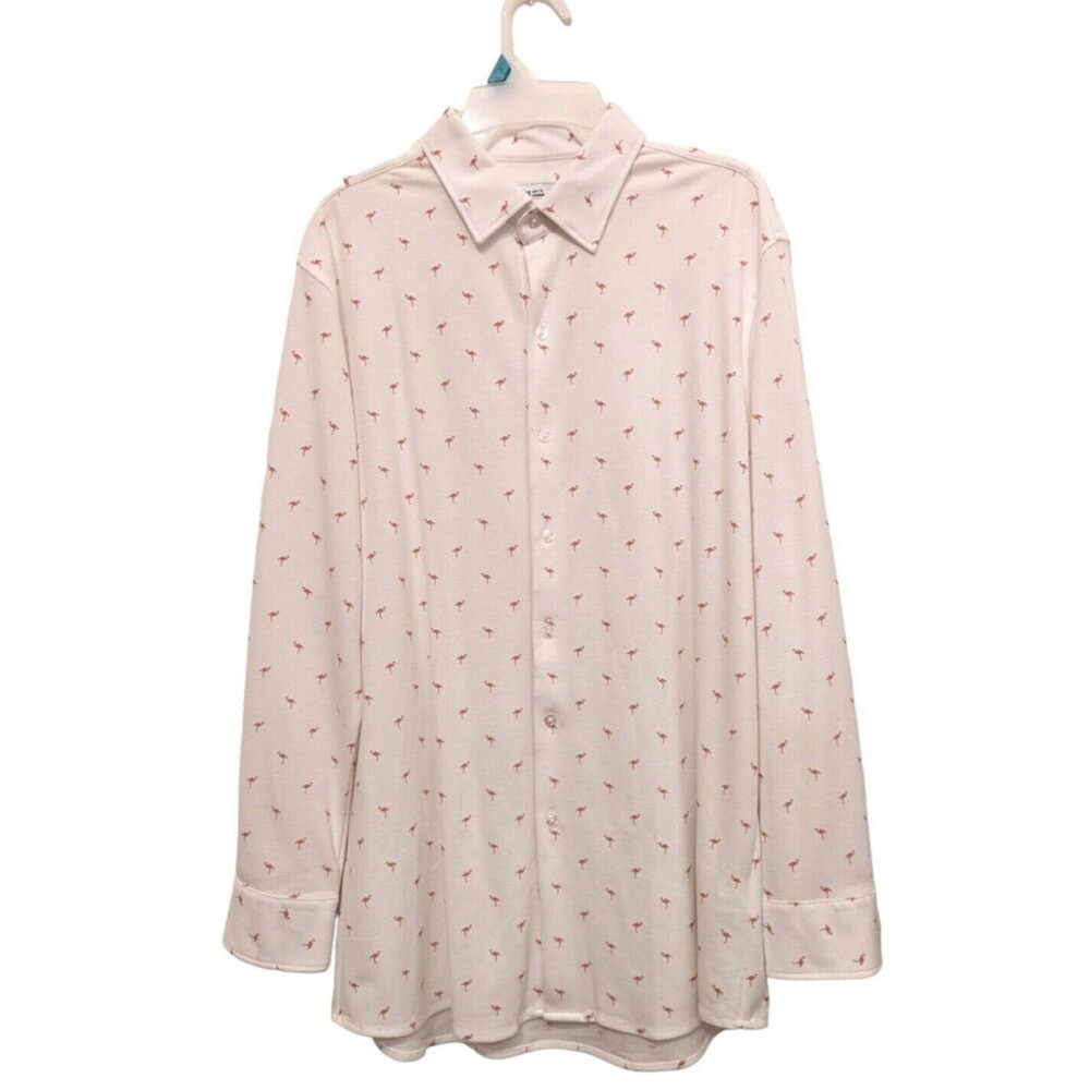 Bar III Flamingo Shirt Men's Size Lg Button-Up Long Sleeve Slim Fit White Pink